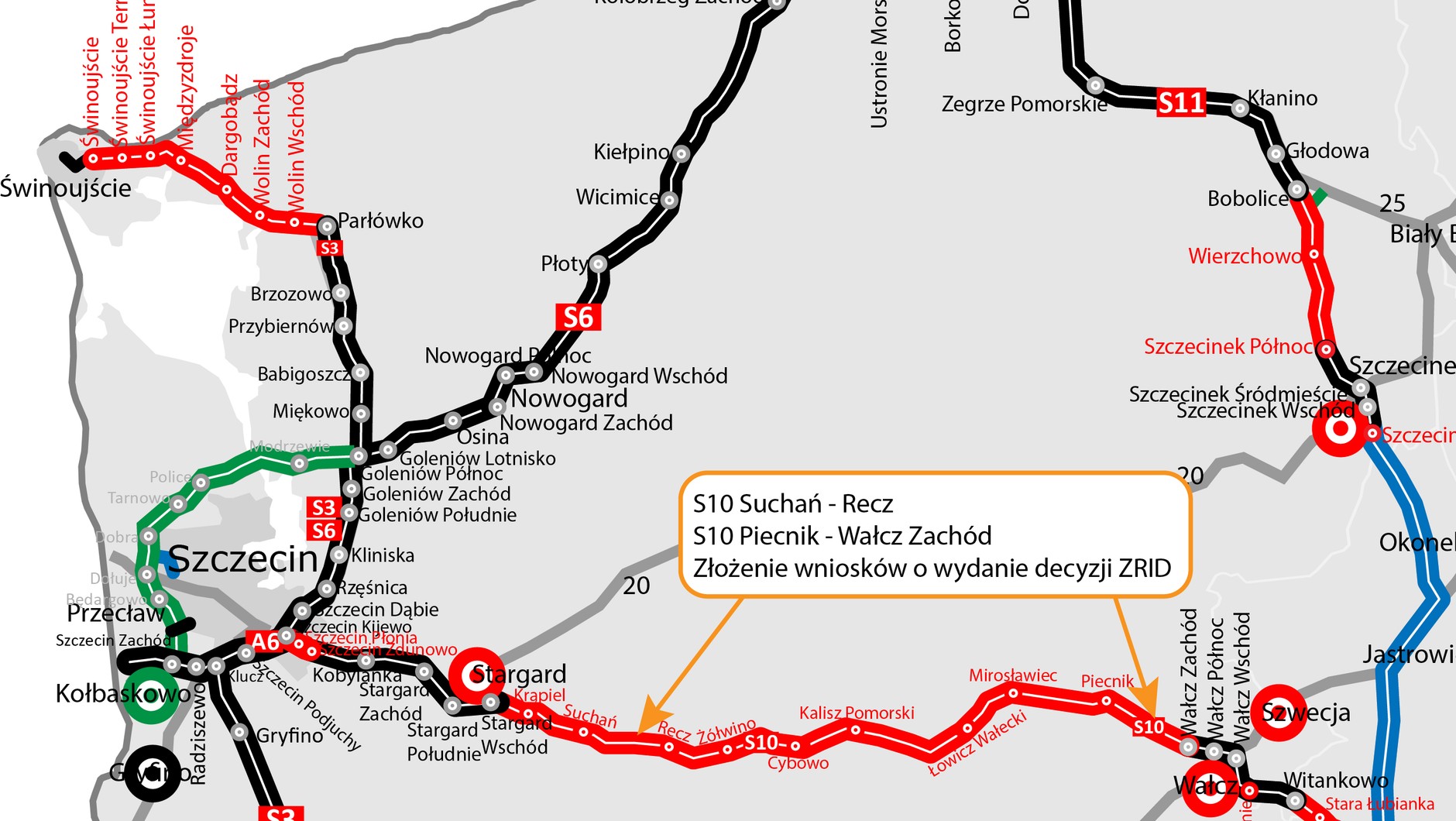 Mapa przedstawiająca lokalizację odcinków S10