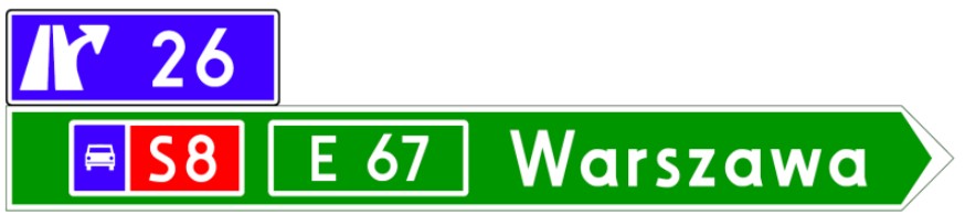 Drogowskaz E-3 ze znakiem E-20a na wyjeździe z autostrady prowadzącym na drogę ekspresową
