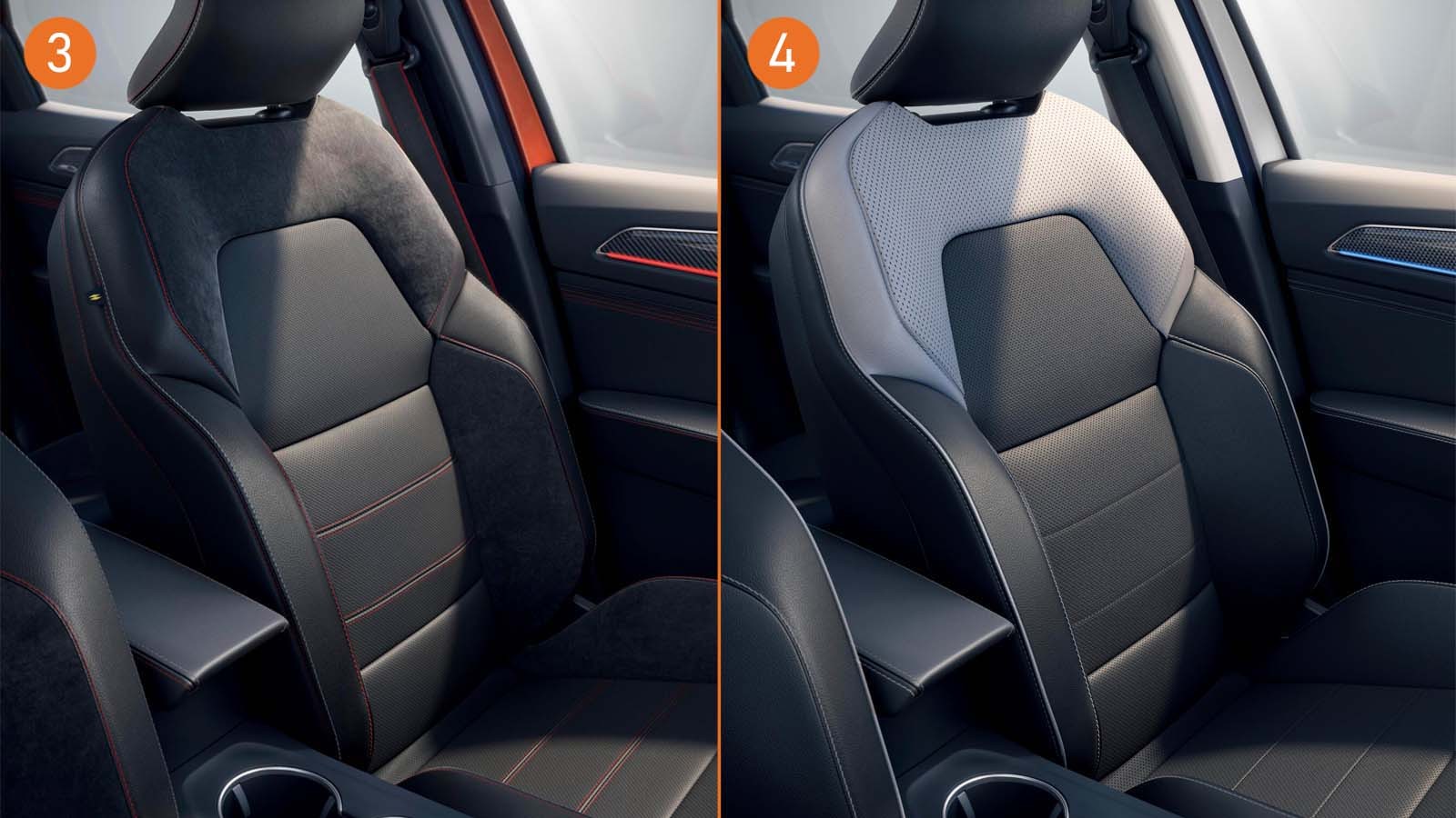 3. Skórzana tapicerka z elementami skóry eko i alcantary – wyróżnik wersji R.S. Line. 4. Czarno-szara skóra z elementami skóry eko – opcja w wersji Intens (6000 zł)