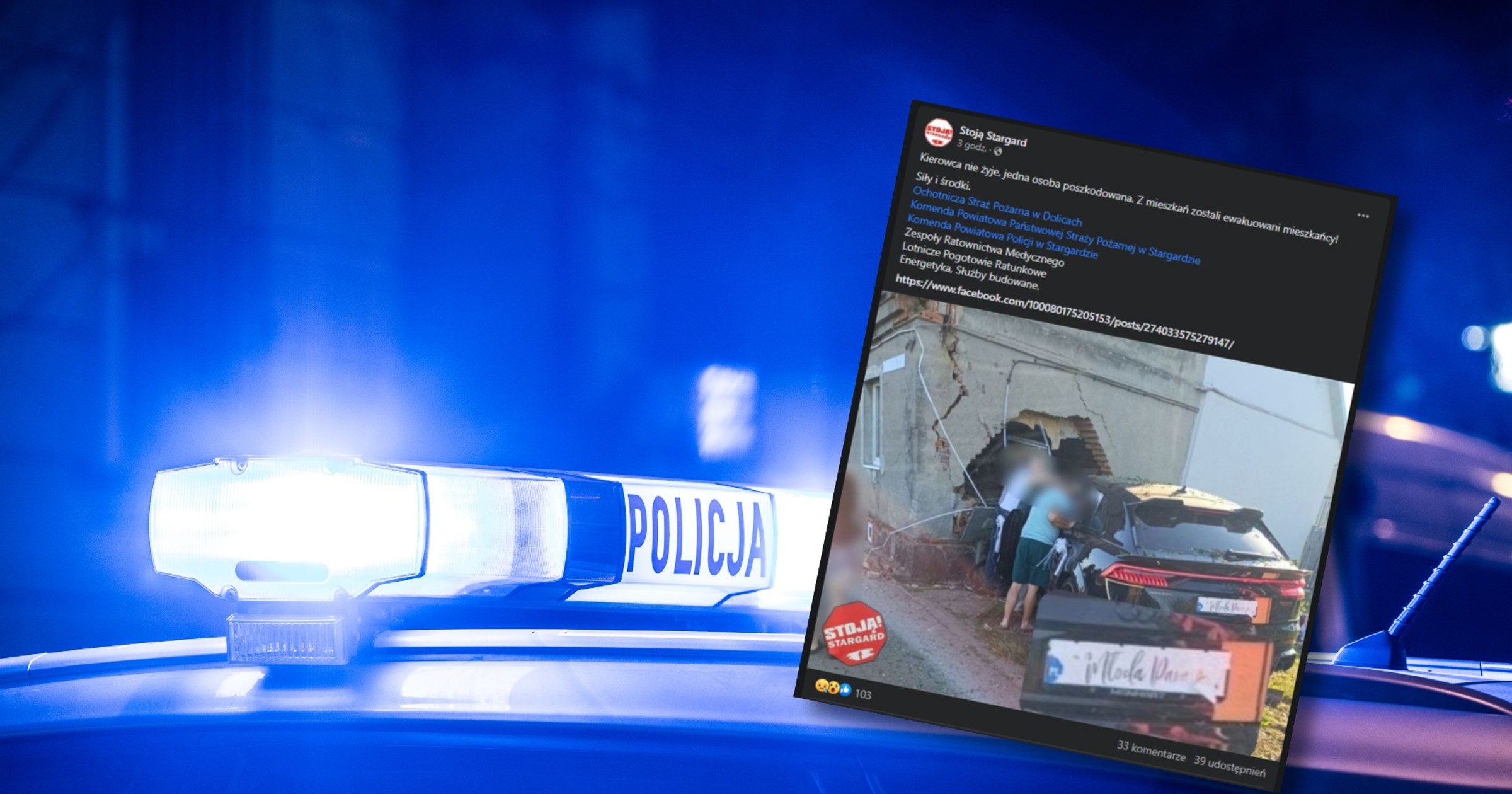 Samochód osobowy uderzył w dom w Dolicach, jedna osoba zginęła