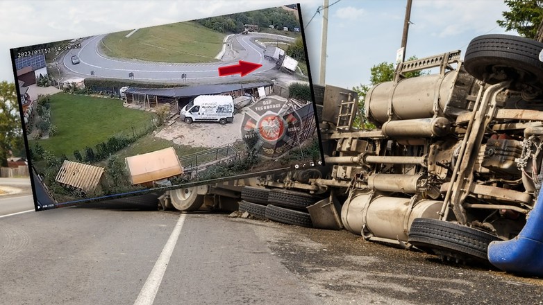 Ciężarówka z materiałami budowlanymi wywróciła się na zakręcie