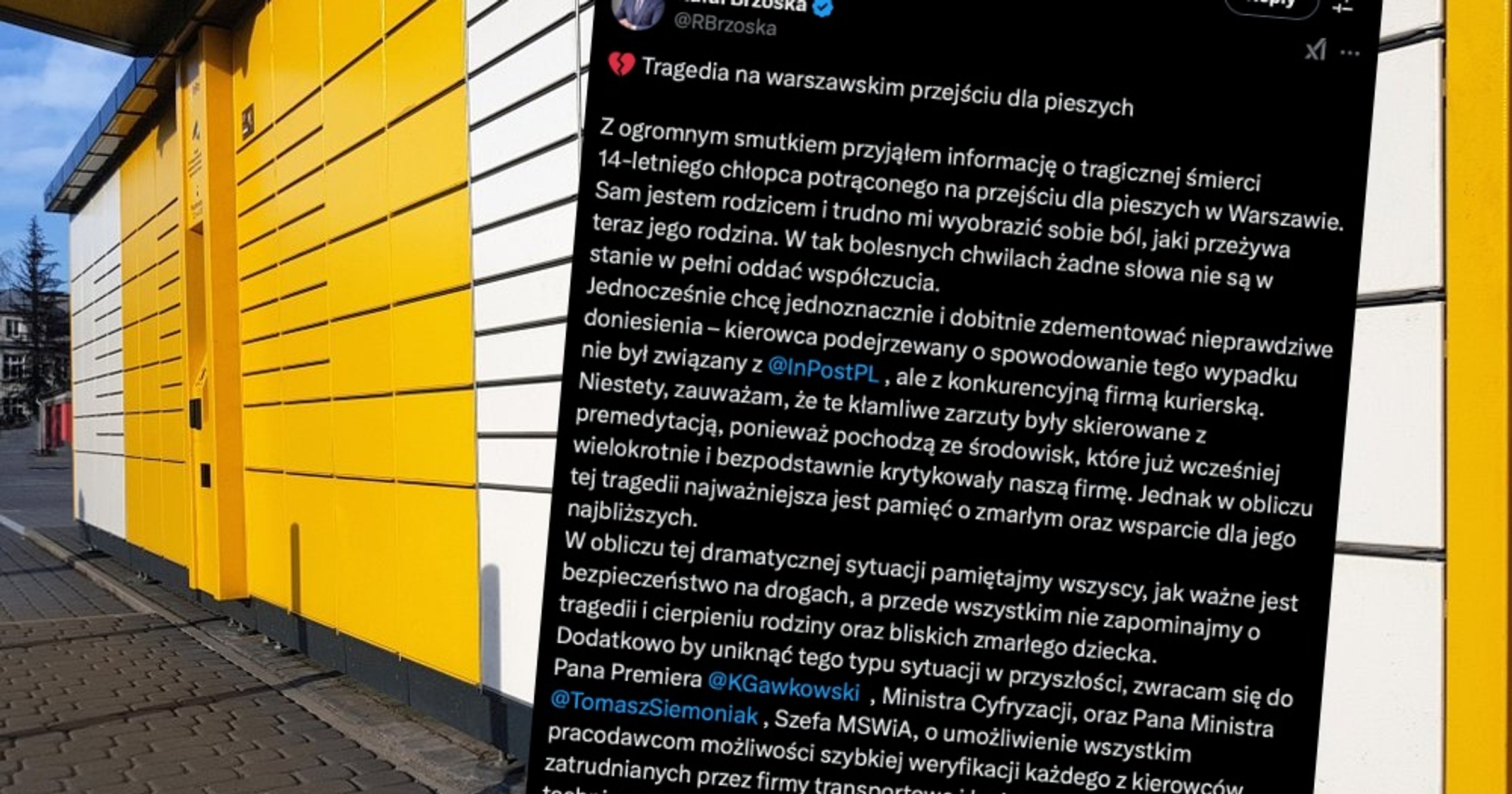 Rafał Brzoska zareagował na sugestie, że sprawcą tragicznego wypadku w Warszawie był kierowca InPostu