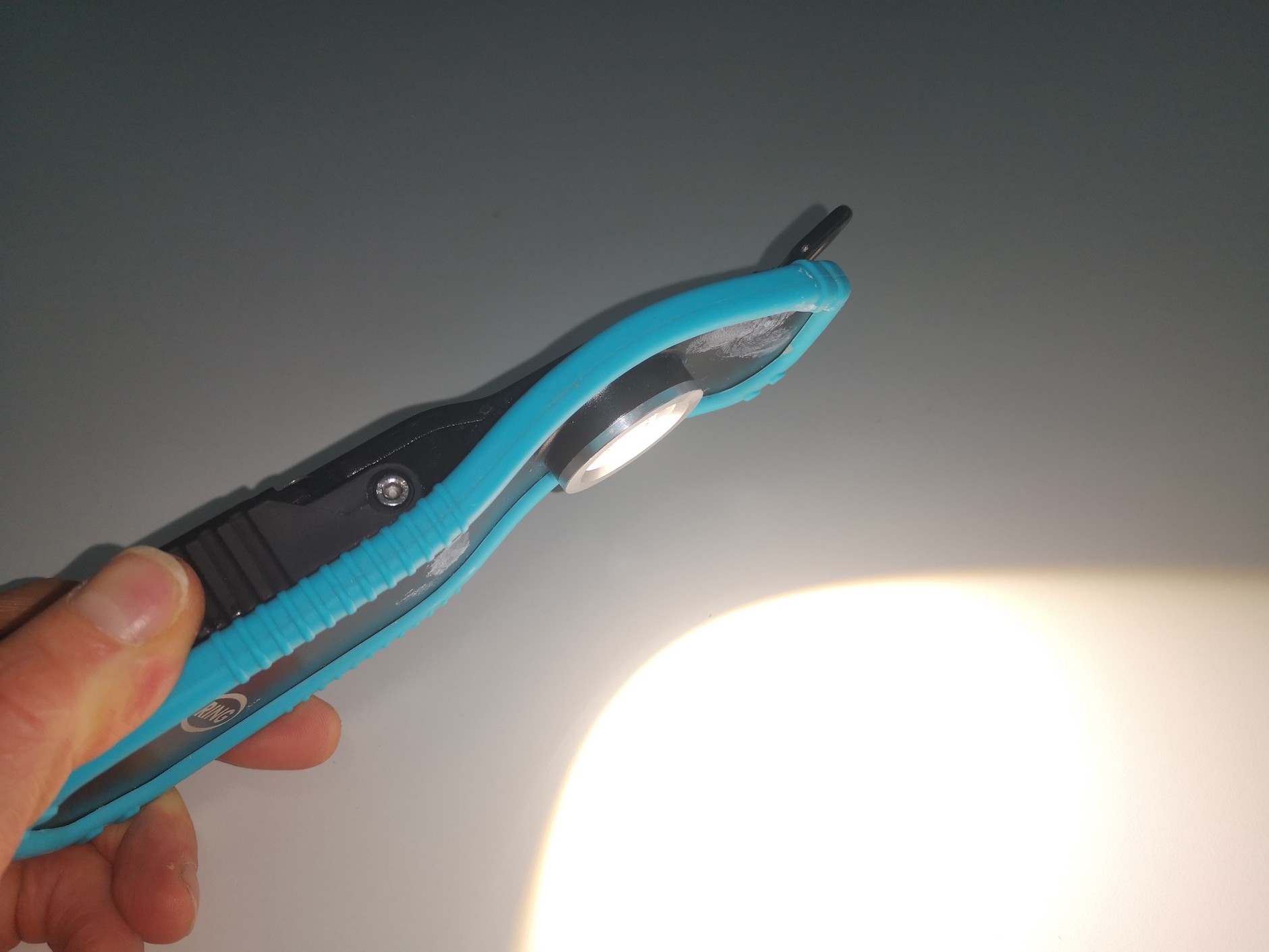 Lampa profesjonalna marki Ring generująca światło dobrze odzwierciedlające kolory – używana np. przez lakierników i rzeczoznawców samochodowych. Dość ciężka, ale akumulator musi ważyć.