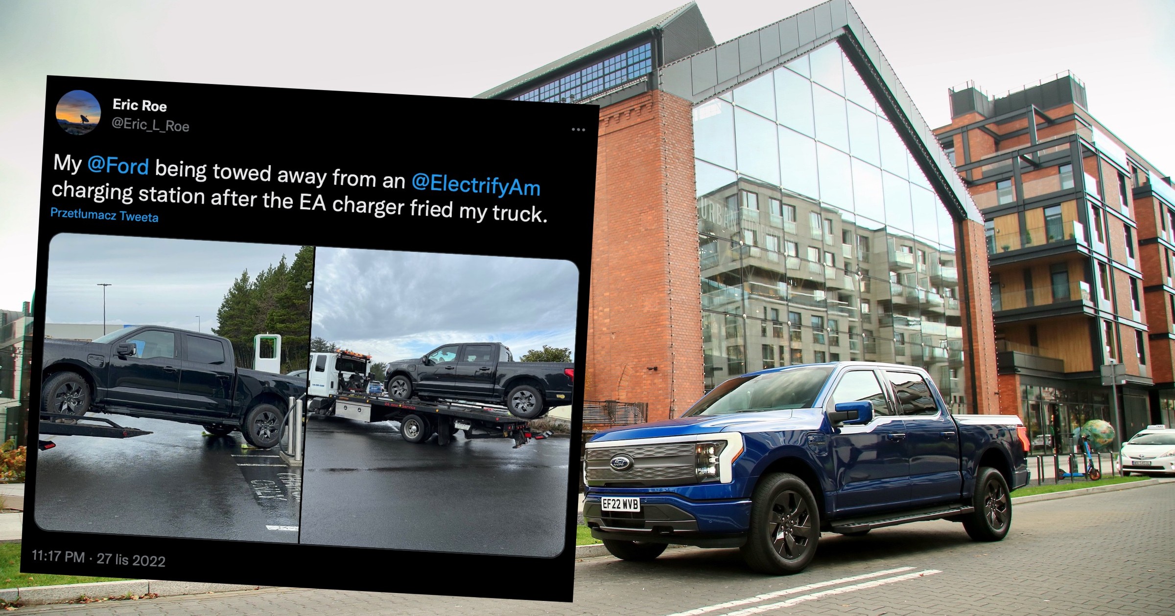 W USA jeden z użytkowanych tam elektrycznych Fordów F-150 Lightning poważnie uszkodził się podczas ładowania baterii na jednej ze stacji ładowania