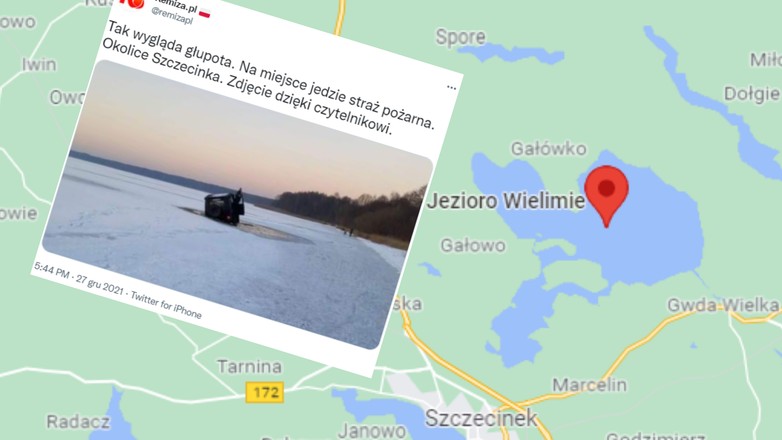 Dwie osoby wjechały samochodem na zamarznięte jezioro Wielimie koło Szczecinka. (Zdjęcie ilustracyjne, google.com/maps, twitter.com/remizapl)