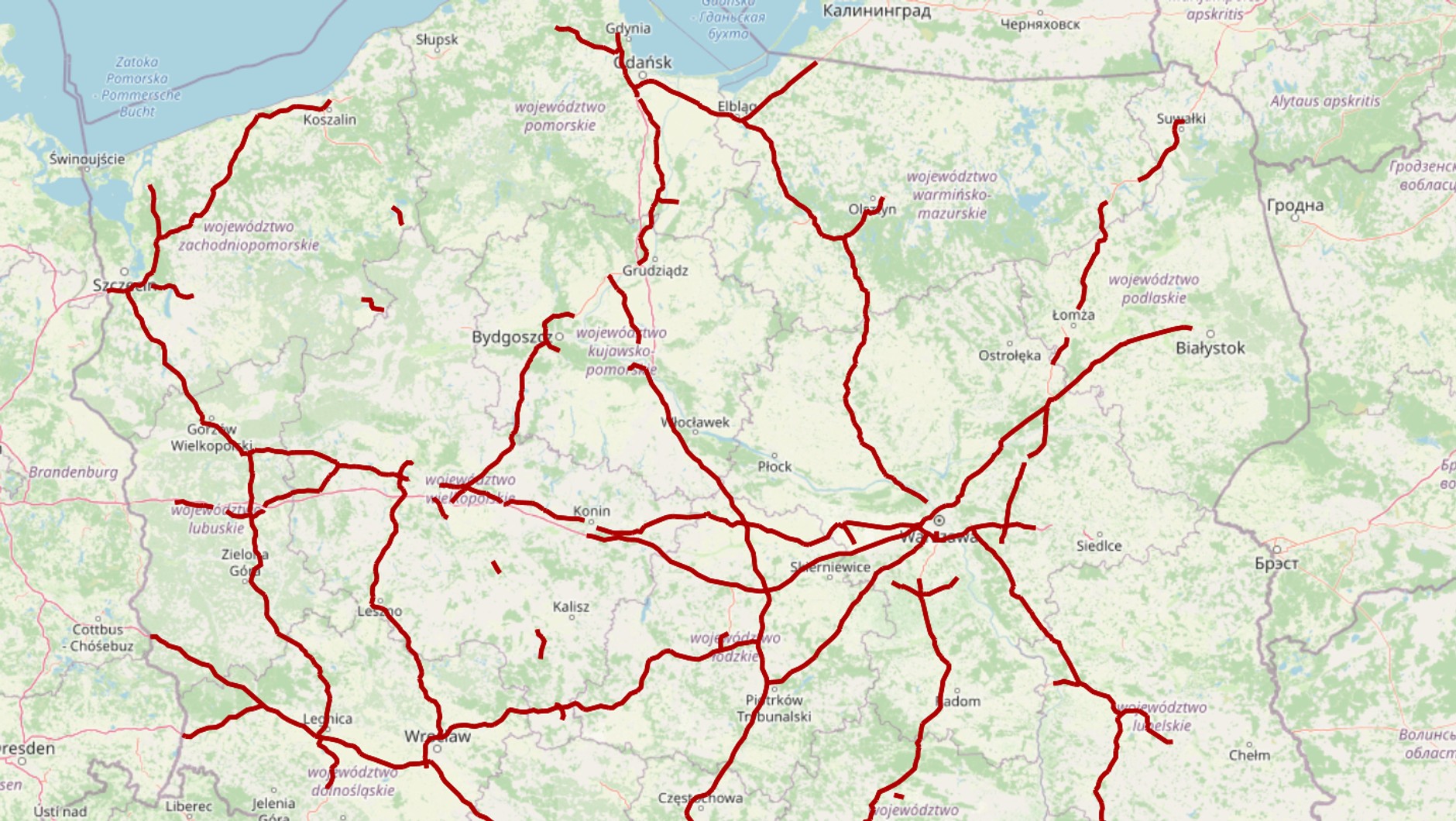 Mapa z odcinkami sieci dróg płatnych