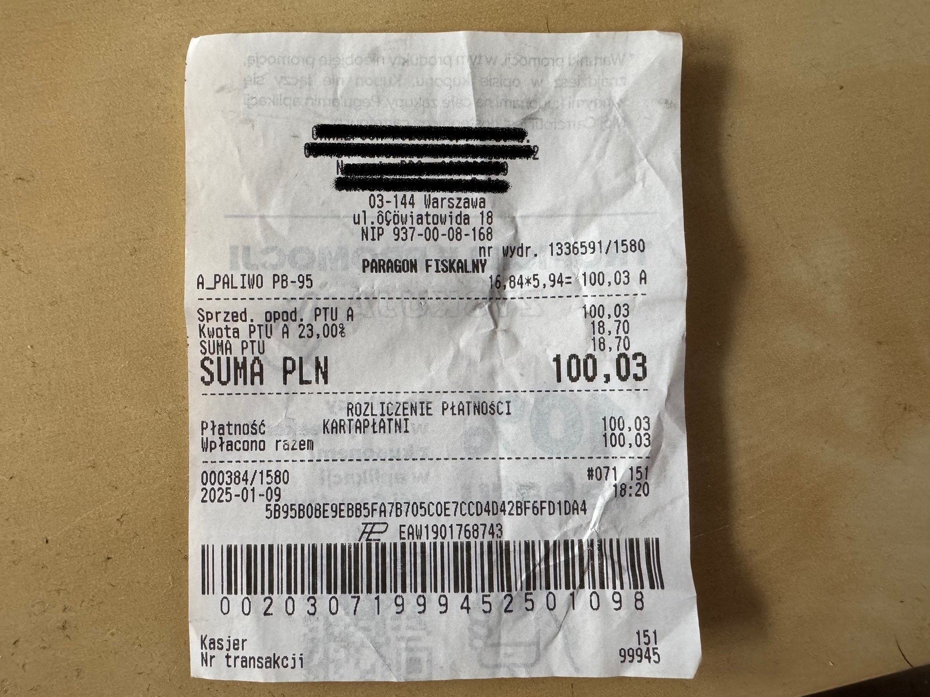 Paragon za tankowanie na stacji należącej do supermarketu z 9.01.2025 r.
