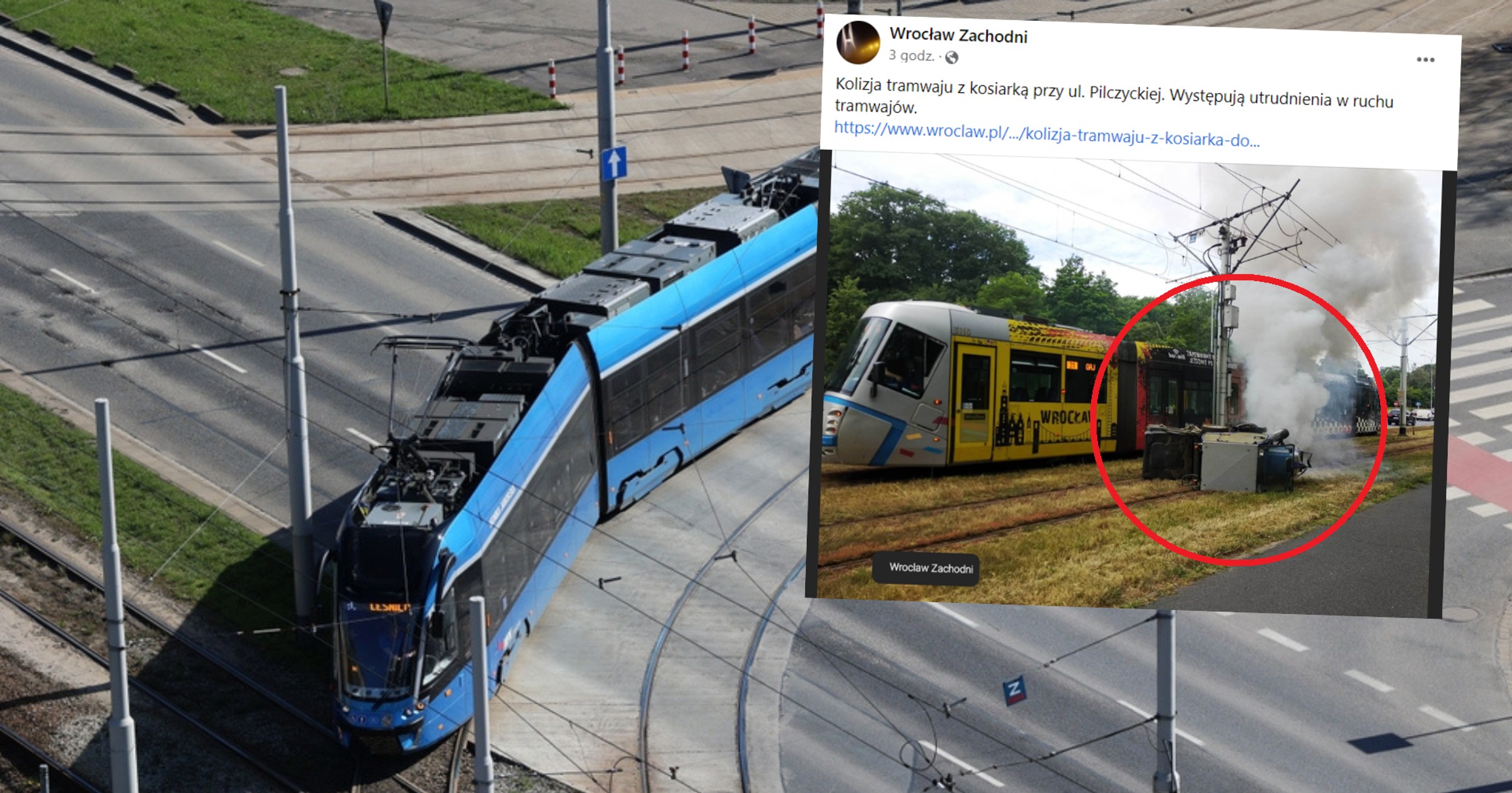Kolizja kosiarki do trawy z tramwajem (fot. screen: Facebook/wroclawzachodni)