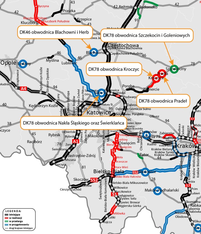 Mapa — nowe obwodnice w woj. śląskim