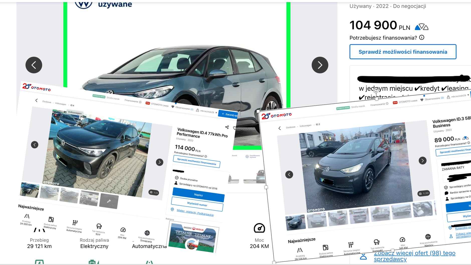 W ogłoszeniach na Otomoto.pl nie brakuje aut europejskich. VW iD.3 z 2022 roku można kupić w cenie poniżej 90 tys. zł. Nieco powyżej 100 tys. zł zaczynają się auta z minimalnym przebiegiem i w najwyższej możliwej wersji z baterią 77 kWh