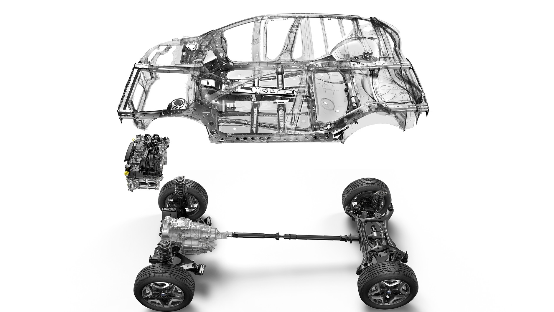 Subaru wykorzystuje nadwozia zbudowane z pierścieniowych ram wzmacniających o wysokiej sztywności skrętnej. Poziomo ułożone tłoki dają płaską konstrukcję silnika – to obniża środek ciężkości i wpisuje się w osiową symetrię elementów układu napędowego. Efekt: mniejsze przechyły na zakrętach. Stały napęd wszystkich kół Symmetrical AWD to świetna trakcja w każdych warunkach