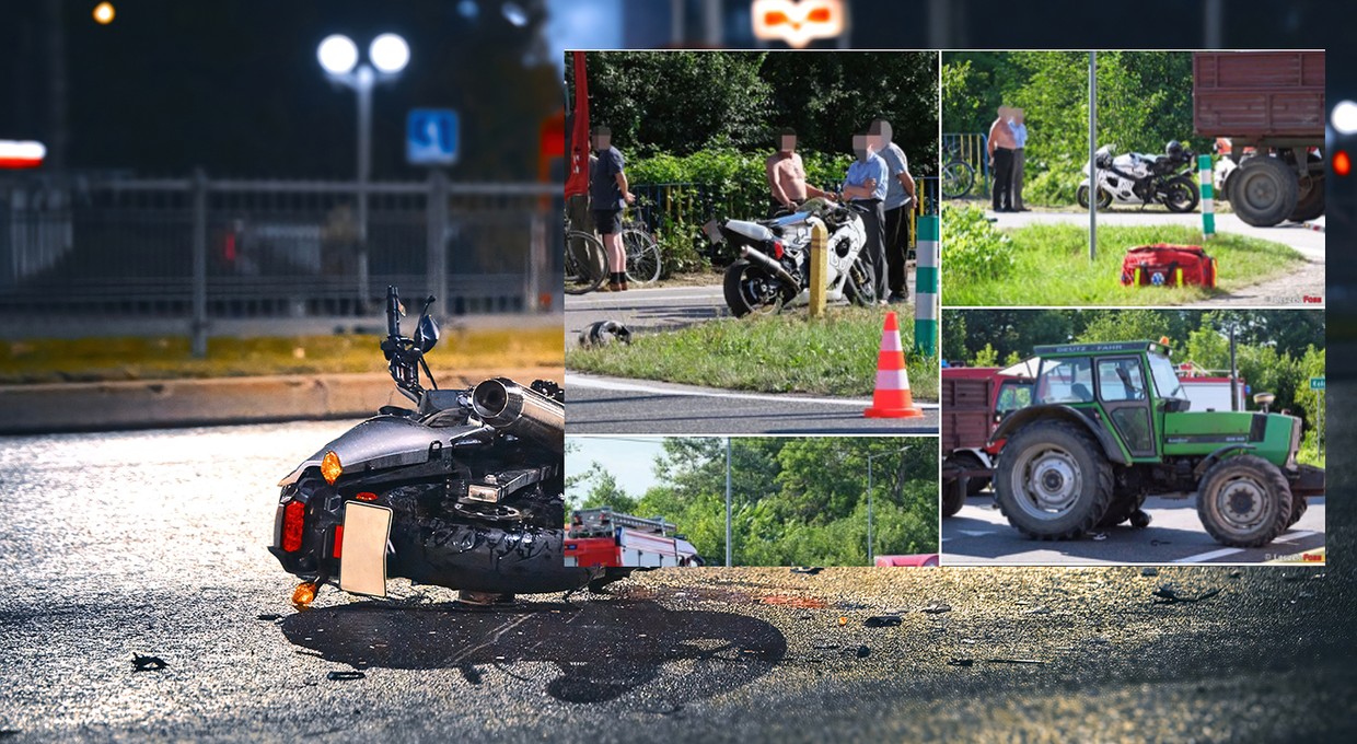Zablokowana dk 9, ciągnik rolniczy zderzył się z motocyklem