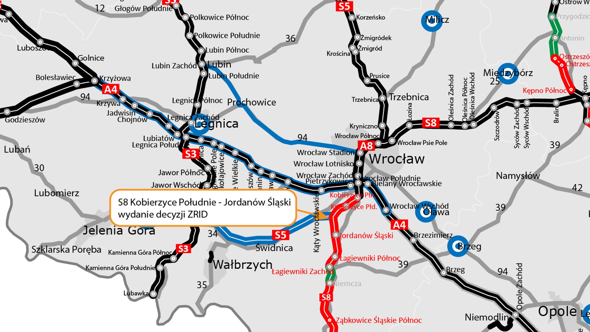 Droga ekspresowa S8 pomiędzy węzłami Kobierzyce Południe i Jordanów Śląski, mapa