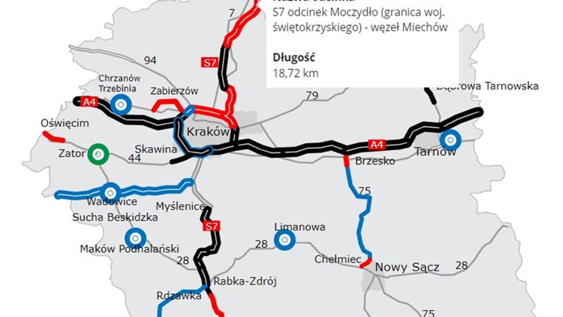 Mapa — droga ekspresowa S7 Moczydło — Miechów