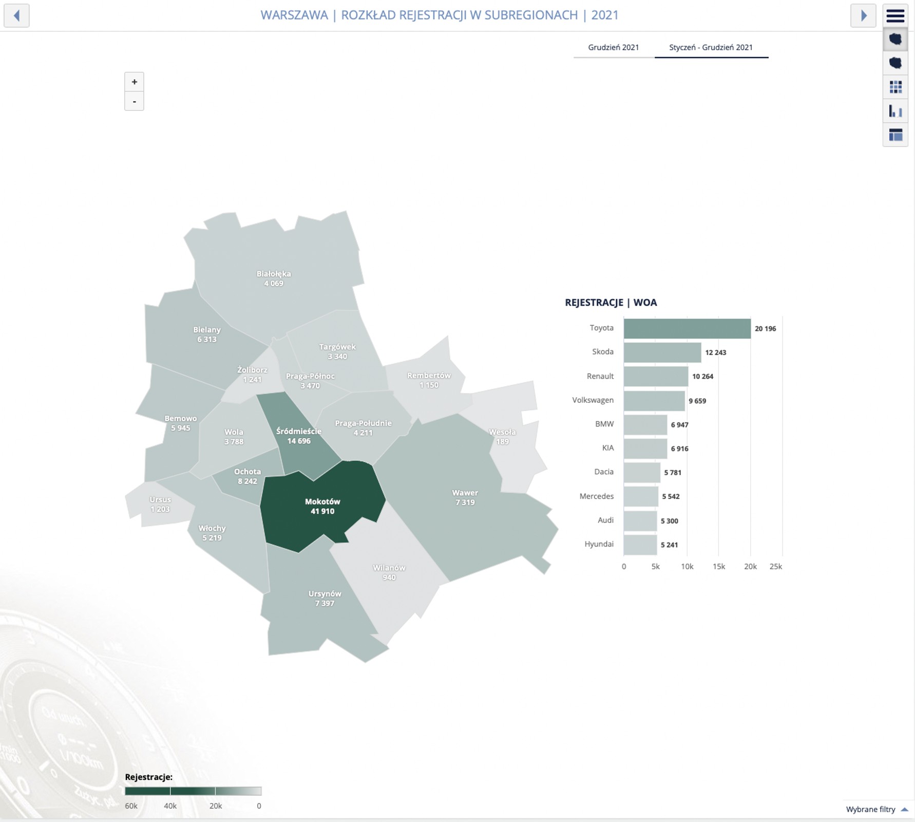Rejestracje pojazdów w dzielnicach Warszawy w 2021 r.