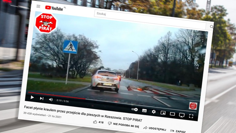 Mężczyzna płynie kraulem przez przejście dla pieszych w Rzeszowie