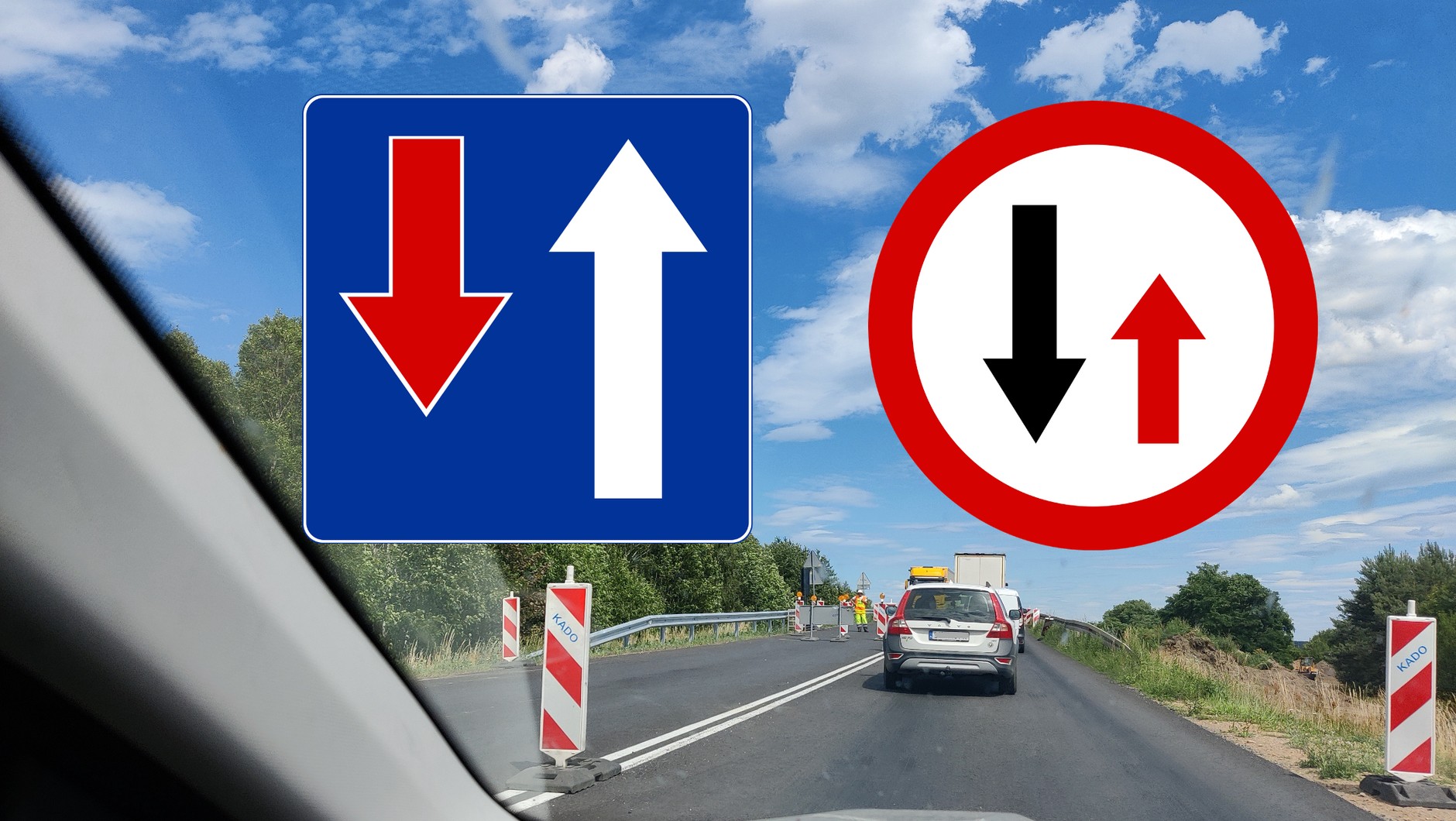 Znaki D-5 (po lewej) i B-31 (po prawej) przesądzają o tym, kto powinien pierwszeństwa nadjeżdżającym z przeciwka