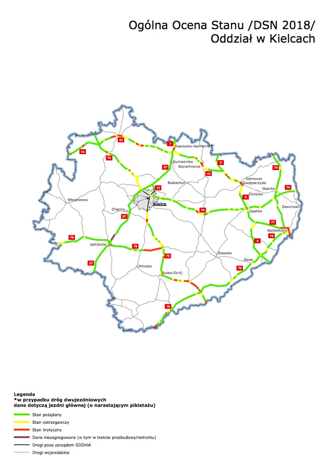 Mapy poglądowe z ogólną oceną stanu technicznego nawierzchni w poszczególnych oddziałach GDDKiA