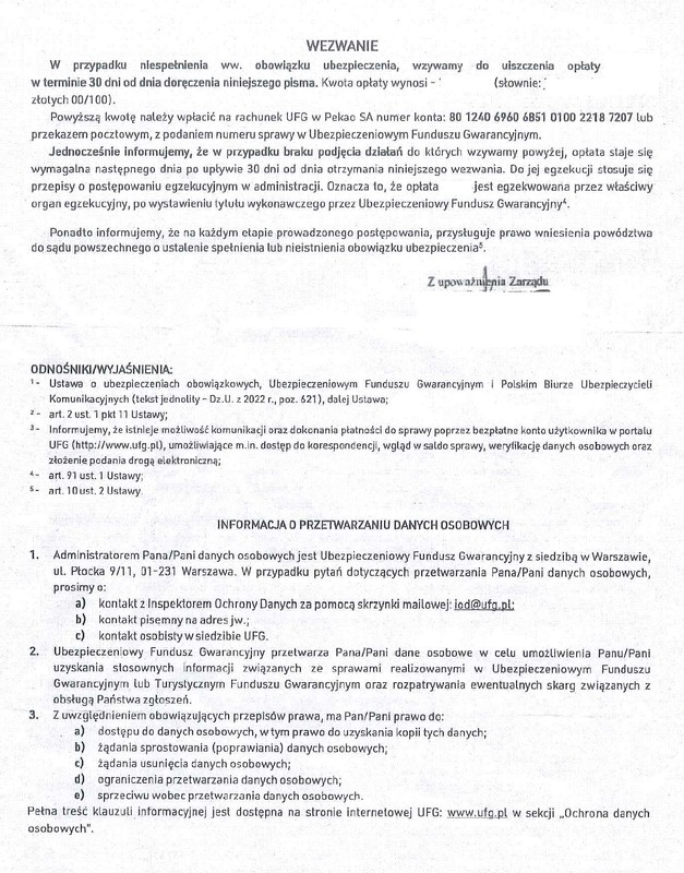 Na kolejnej stronie można znaleźć informację, że brak reakcji zakończy się wszczęciem postępowania egzekucyjnego