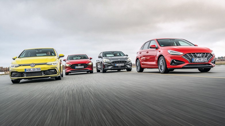 Porównanie kompaktów: Ford Focus 1.0 EcoBoost Hybrid, Mazda 3 Skyactiv-G, Hyundai i30 1.5 T-GDI iMT, VW Golf 1.5 eTSI