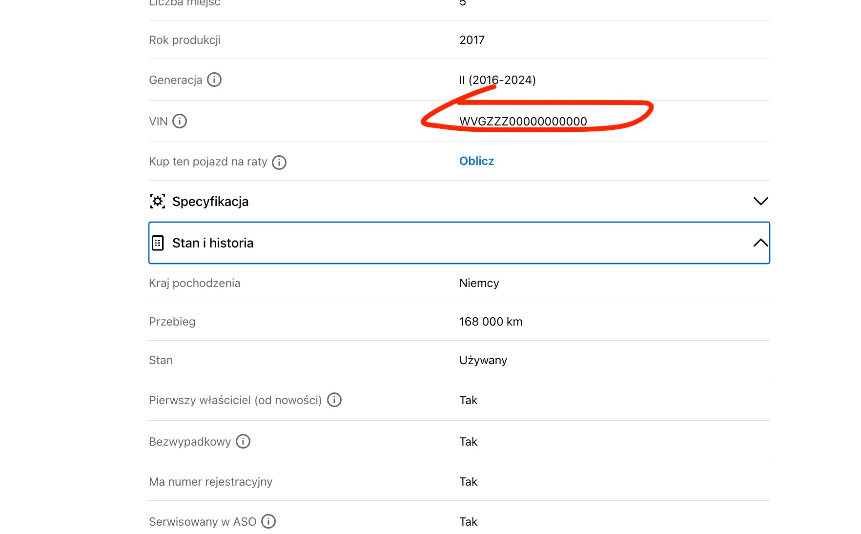 Fragment ogłoszenia o sprzedaży samochodu. W rubryce VIN wpisane są przypadkowe znaki, co utrudnia zdalne sprawdzenie samochodu