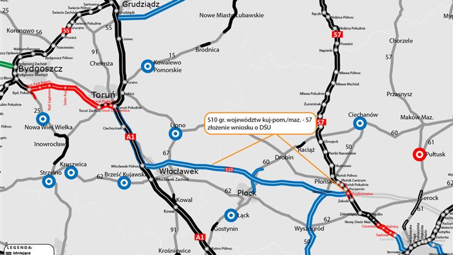 Droga S10 na Mazowszu - mapa