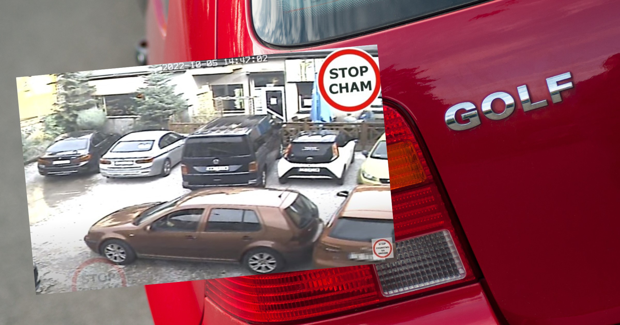 Kobieta, próbując wyjechać Volkswagenem Golfem z parkingu, dwukrotnie wjechała tyłem w zaparkowane Audi (screen: STOP CHAM/YouTube)