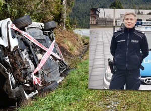 Wracała ze służby, gdy zobaczyła auto kołami do góry. Unosił się z niego dym