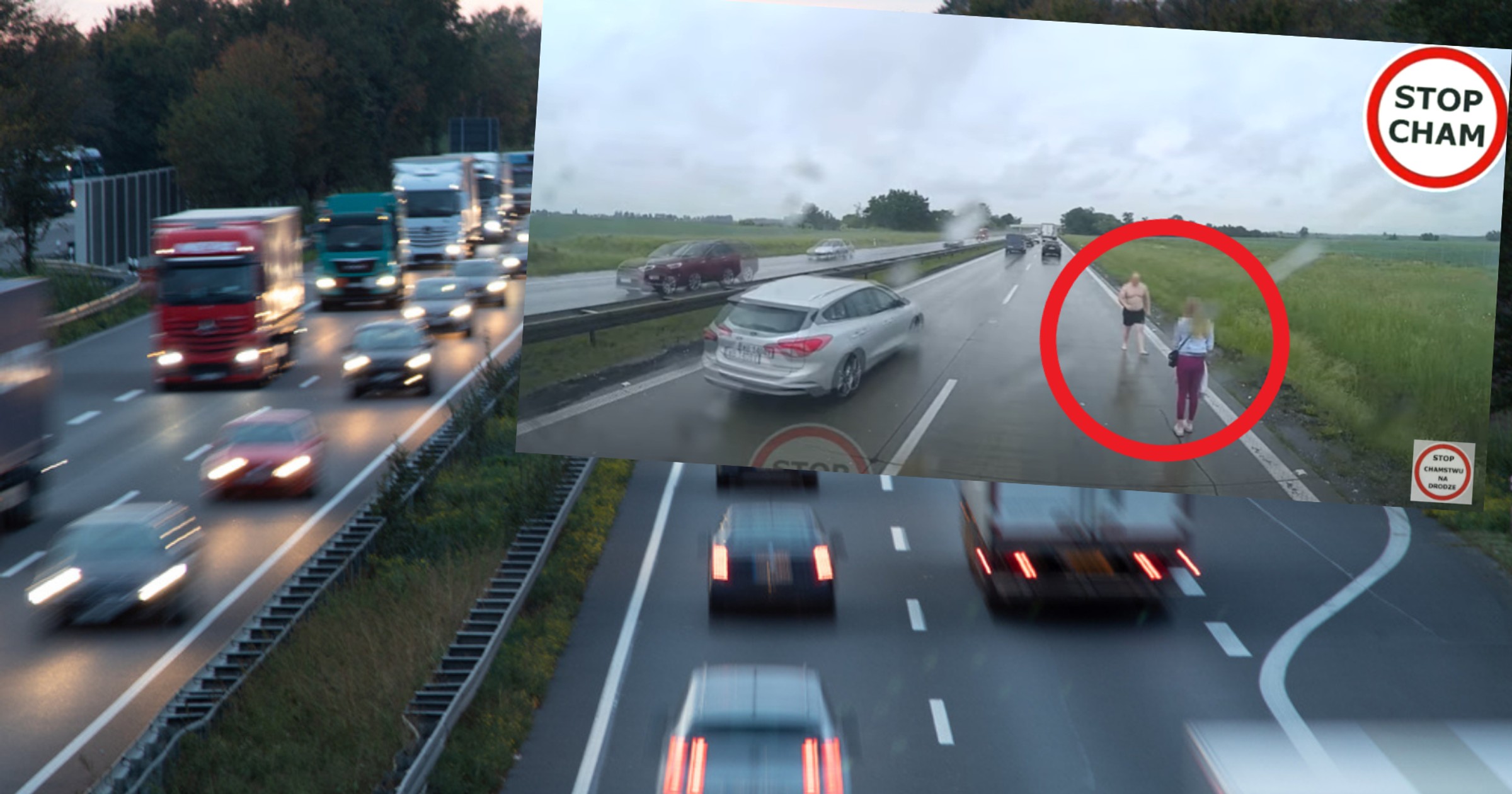 Wyszedł z auta na A4. Był w samych spodenkach. I na bosaka. Gonił kobietę (fot. screen: Youtube/STOPCHAM)
