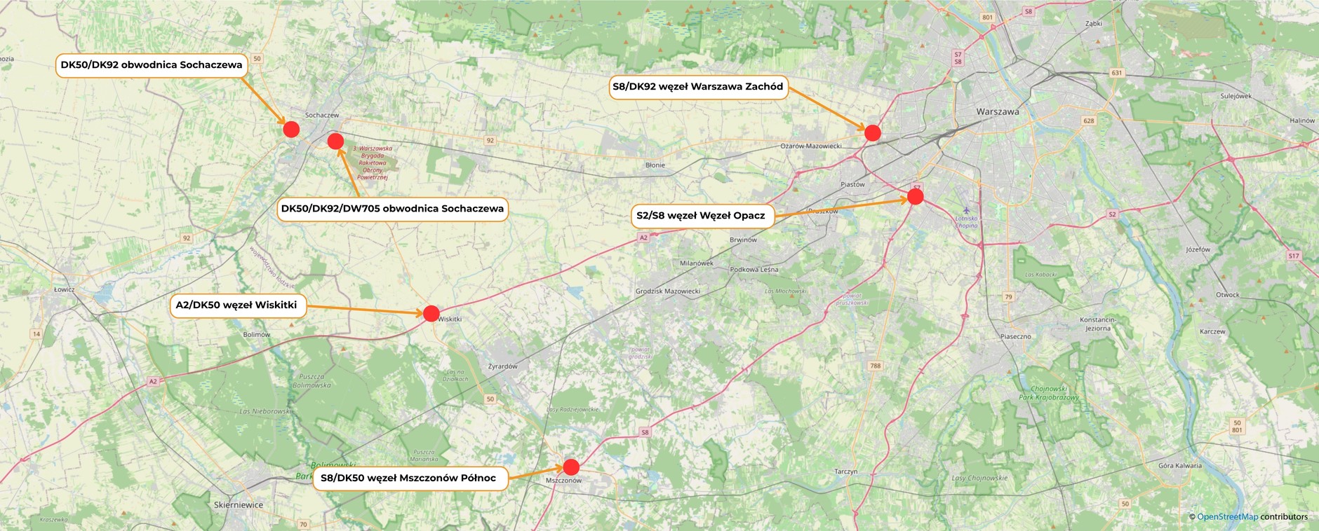 Mapka wskazująca miejsca, gdzie prowadzone są prace związane z dostosowaniem do rozbudowy autostrady A2