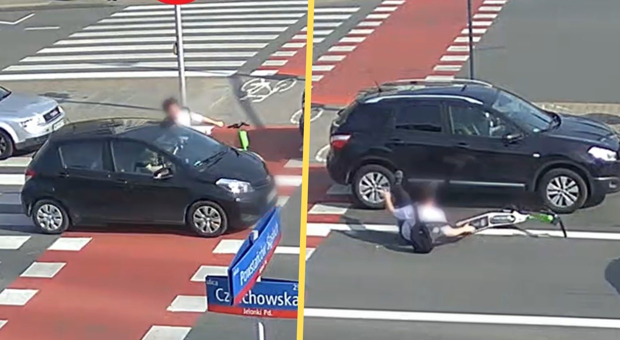 Kolizja na Bemowie. Wjechał hulajnogą prosto pod samochód [WIDEO]