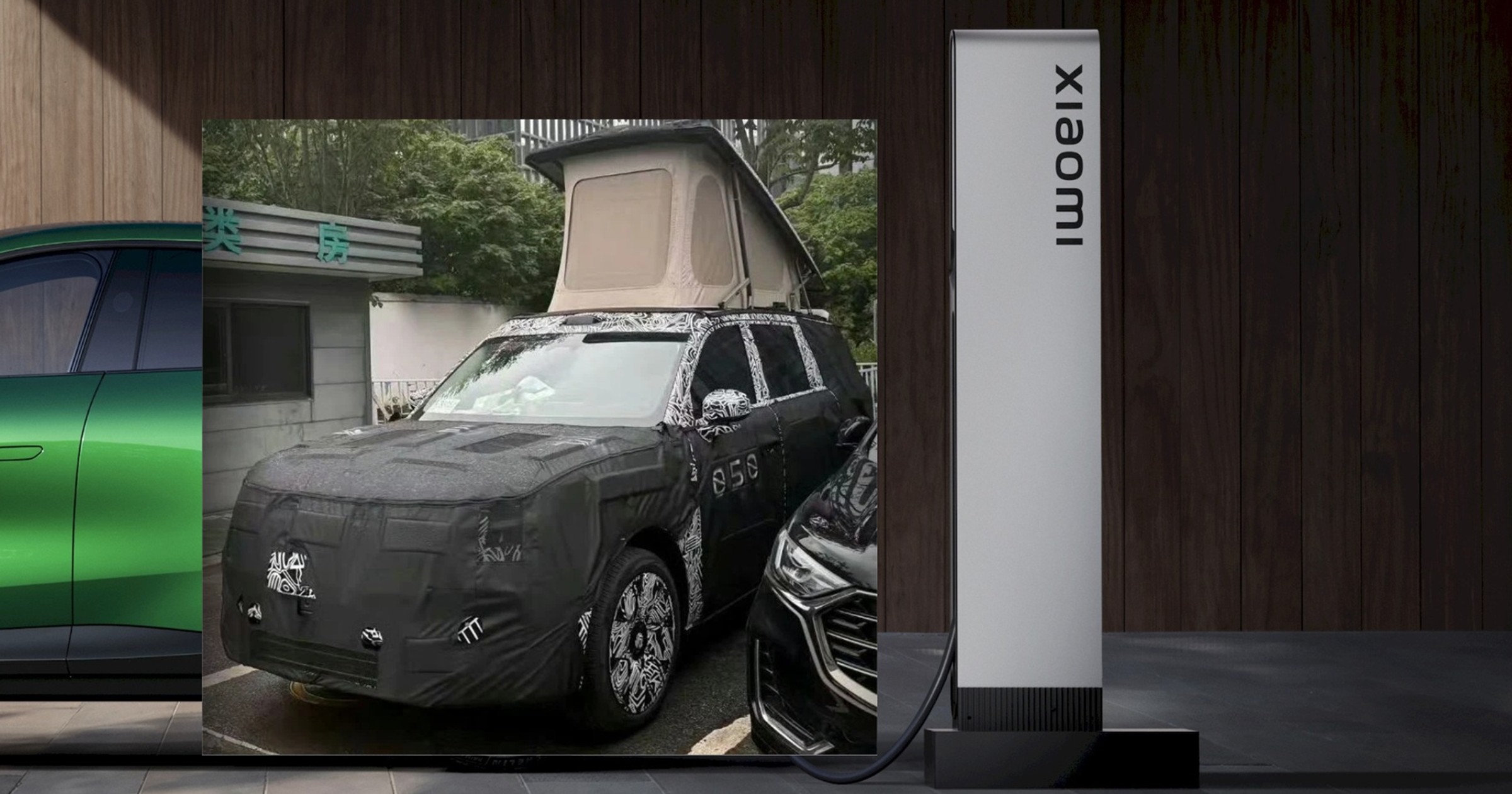 Zamaskowany duży SUV Xiaomi z wbudowanym namiotem dachowym