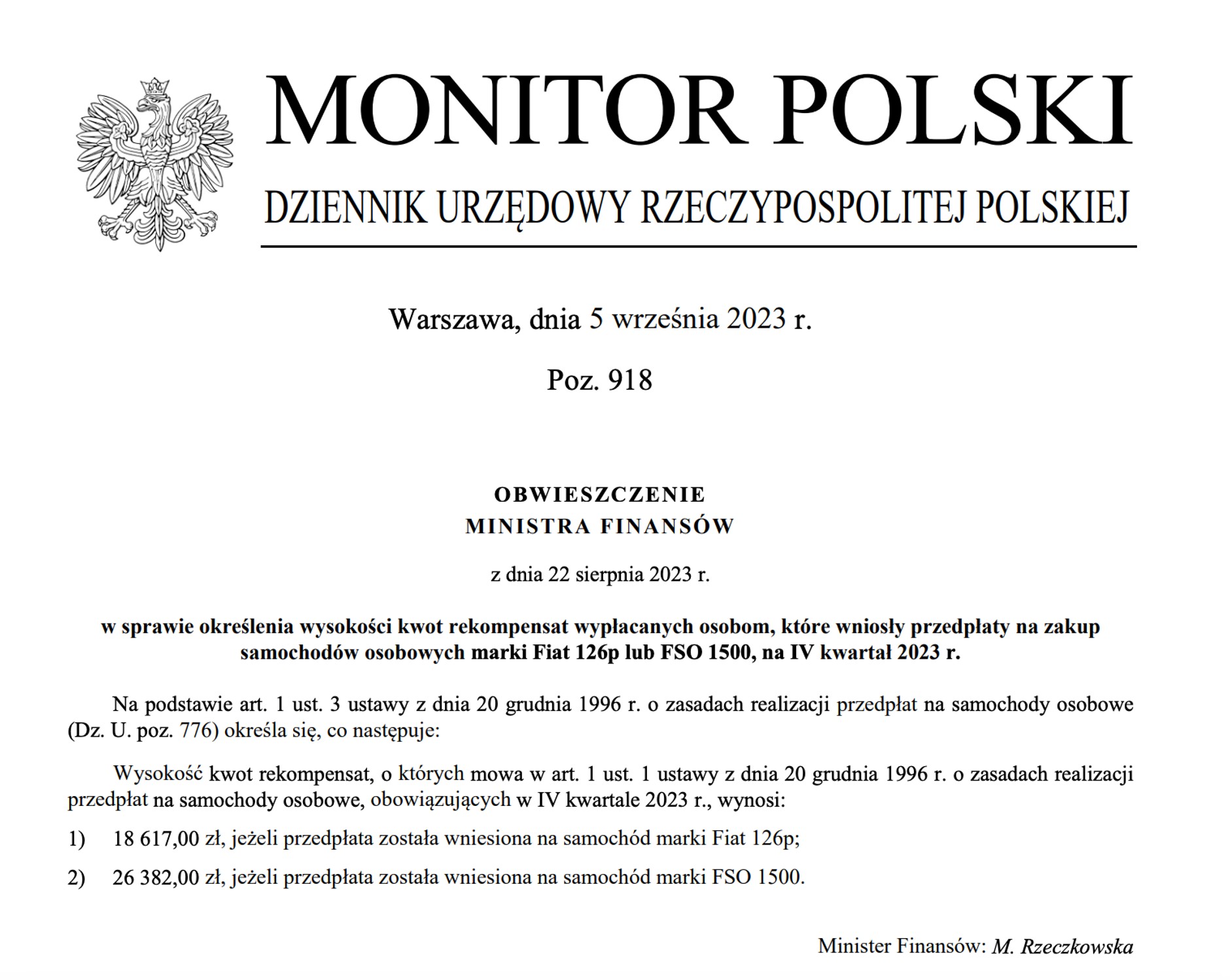 Rekompensaty za nieodebrane Fiaty 126p i FSO 1500 - IV kwartał 2023 r.