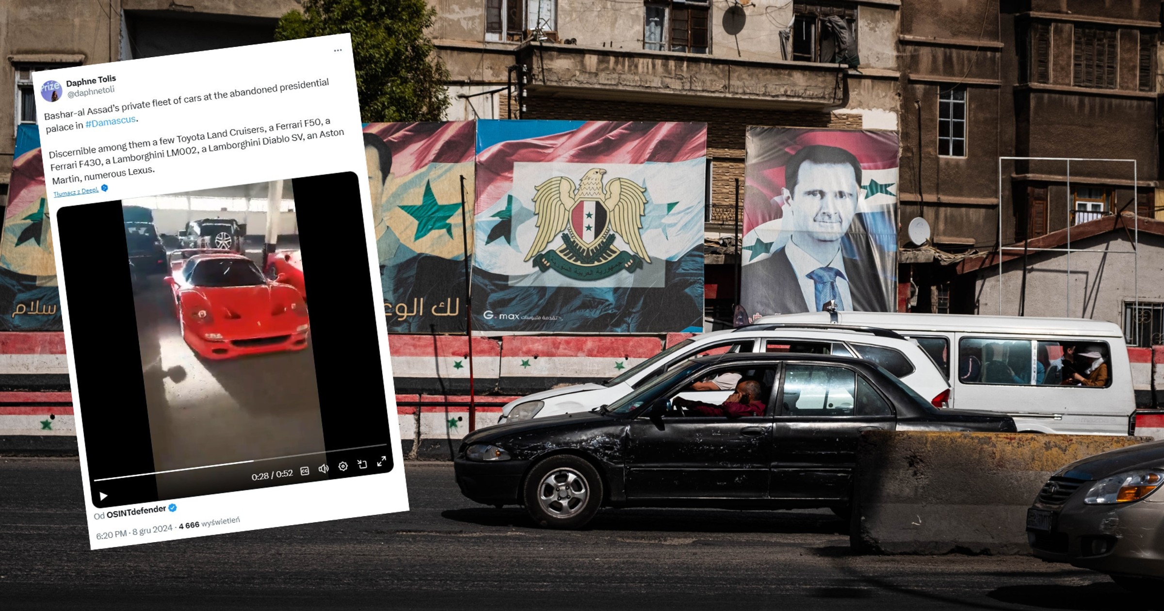 Po upadku dyktatury Baszszara al-Asada rebelianci splądrowali m.in. jego garaż (screen: @daphnetoli)