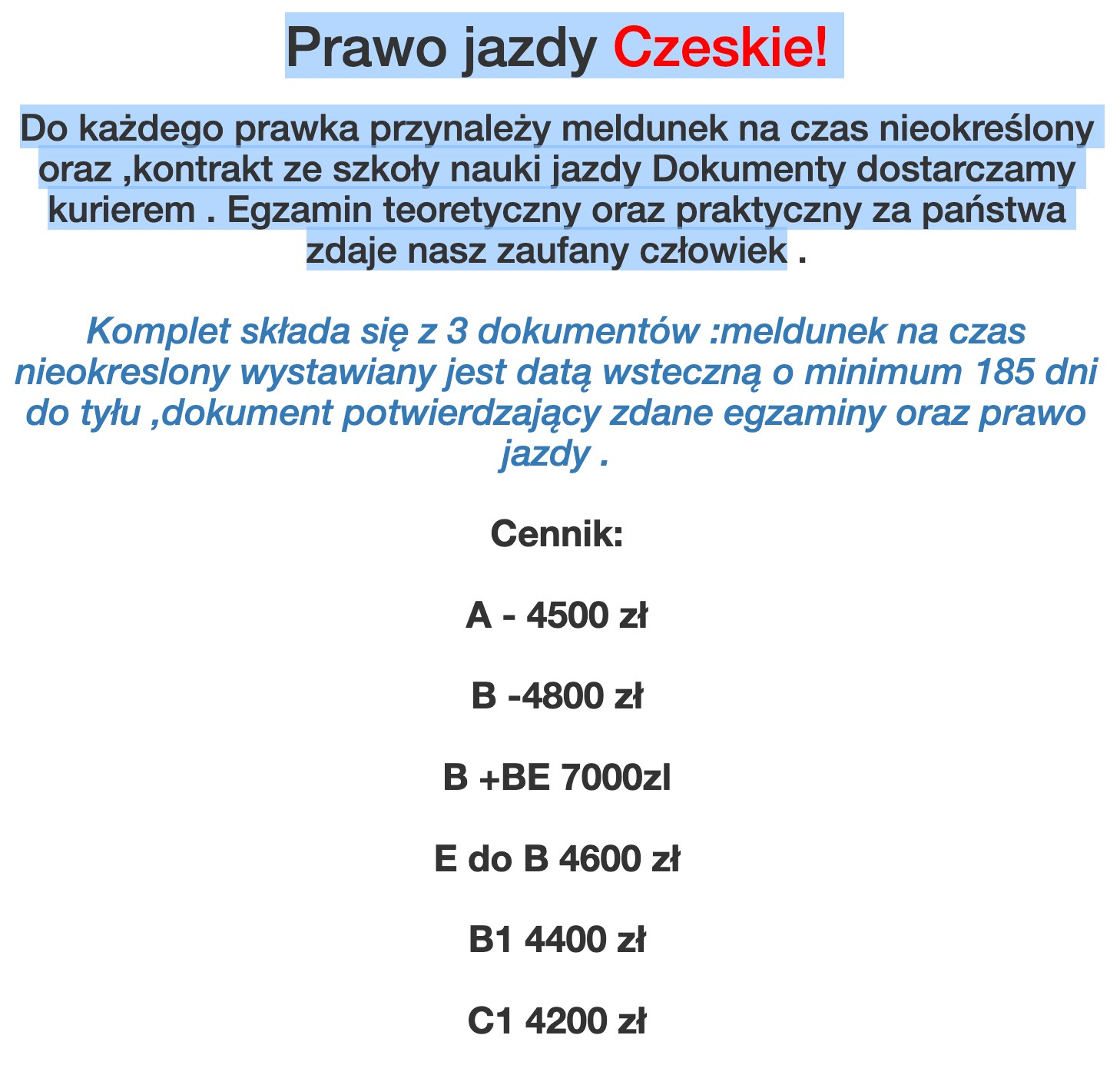Cennik za "lewe" prawo jazdy znaleziony w Internecie