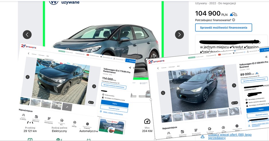 W ogłoszeniach na Otomoto.pl nie brakuje aut europejskich. VW iD.3 z 2022 roku można kupić w cenie poniżej 90 tys. zł. Nieco powyżej 100 tys. zł zaczynają się auta z minimalnym przebiegiem i w najwyższej możliwej wersji z baterią 77 kWh