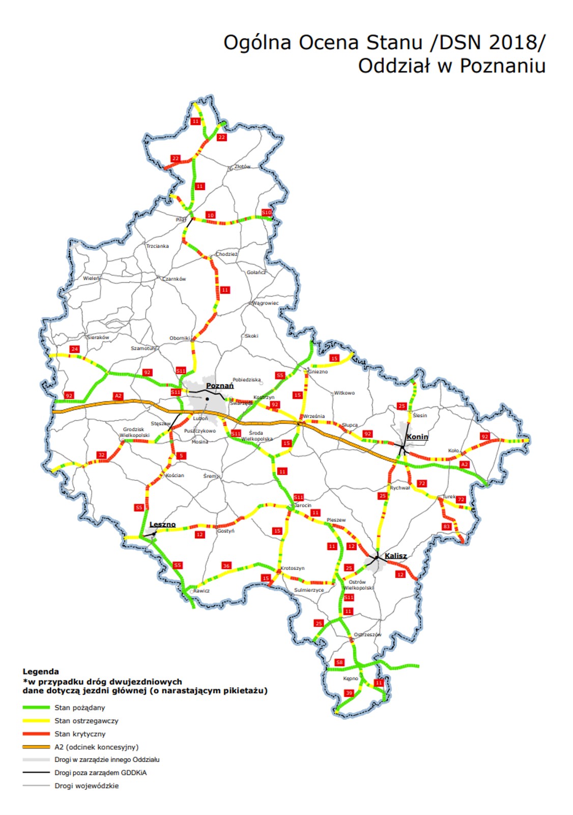 Mapy poglądowe z ogólną oceną stanu technicznego nawierzchni w poszczególnych oddziałach GDDKiA