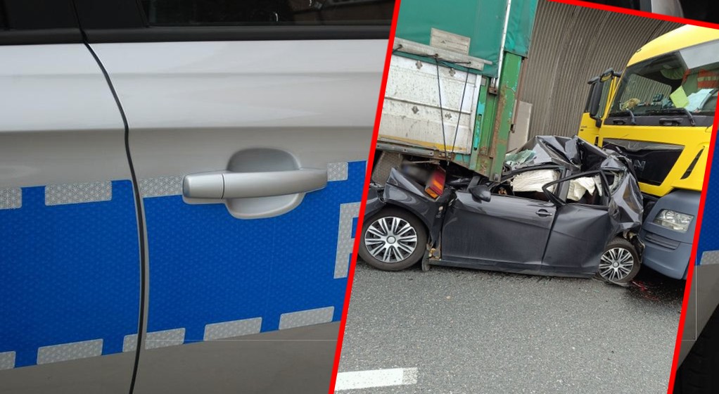 Auto wepchnięte pod ciężarówkę