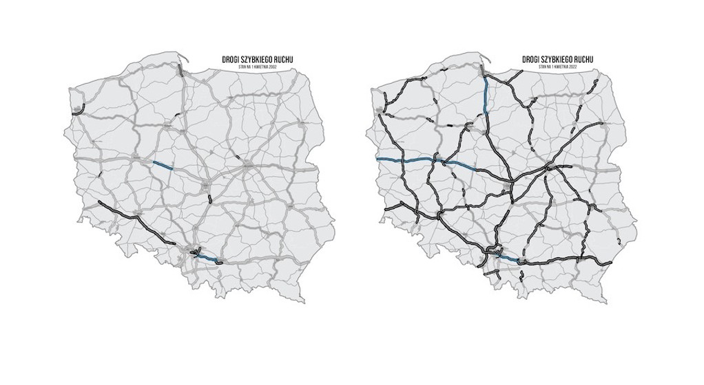 Mapa dróg w Polsce w 2002 i 2022 r.
