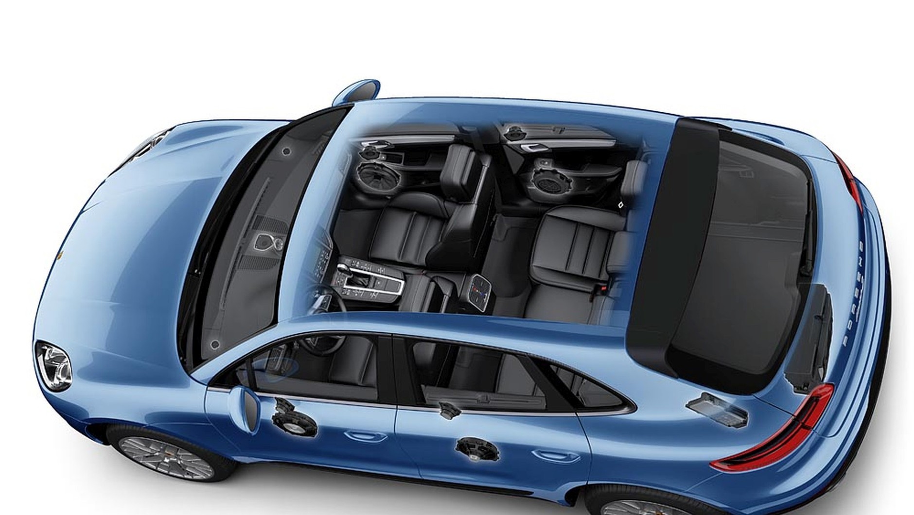 Porsche Macan Burmester - diagram systemu z widocznymi głośnikami i wzmacniaczem