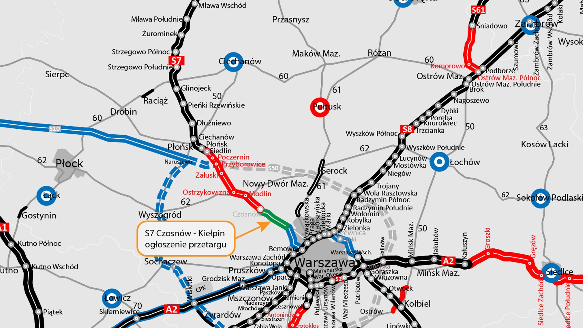 Mapa z przebiegiem drogi S7
