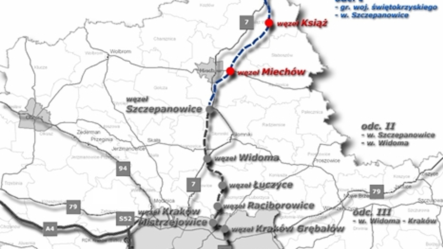 Orientacyjna mapa inwestycji na odcinku Moczydło (granica z woj. świętokrzyskim) – Szczepanowice – Widoma – Zastów – Kraków (do węzła „Igołomska”)