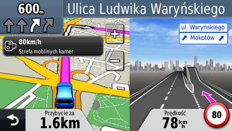 Świetne menu z podziałem ekranu i widokiem zjazdu - Garmin nuvi 54LM