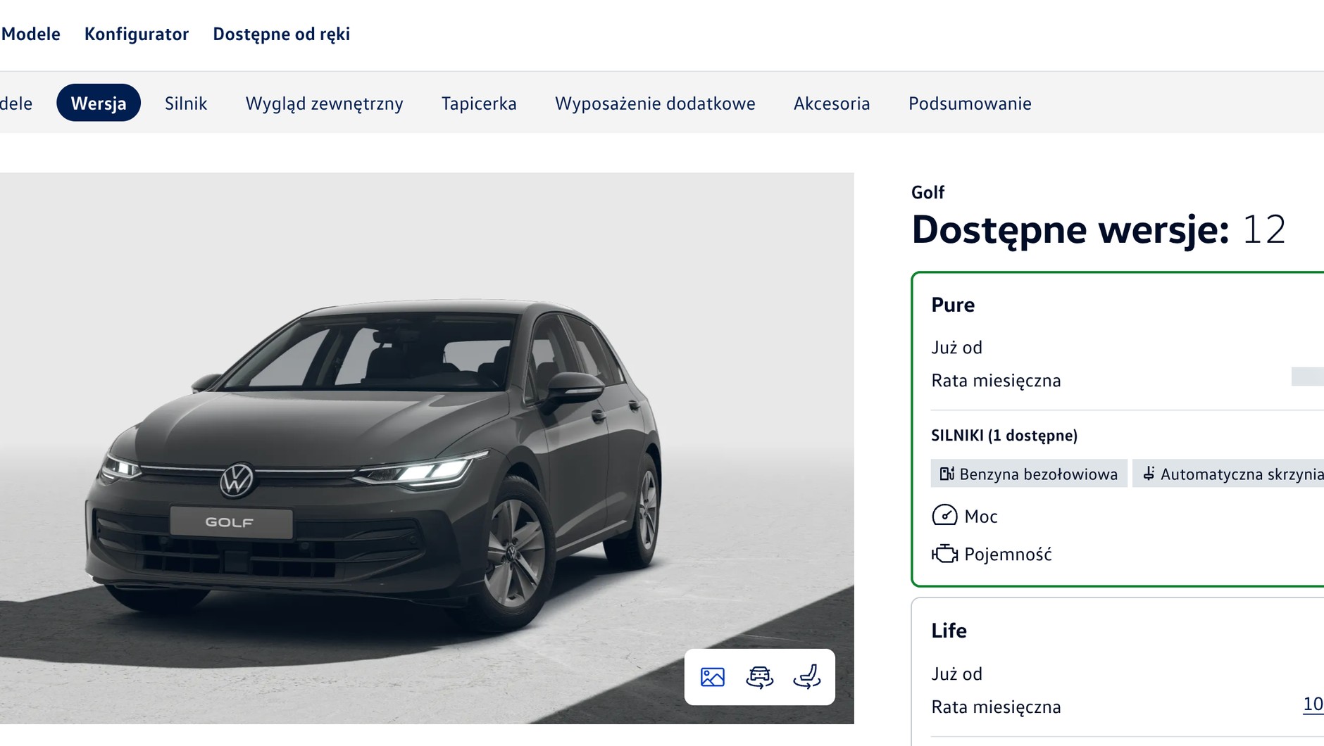 Volkswagen Golf Pure — zrzut ekranu z konfiguratora