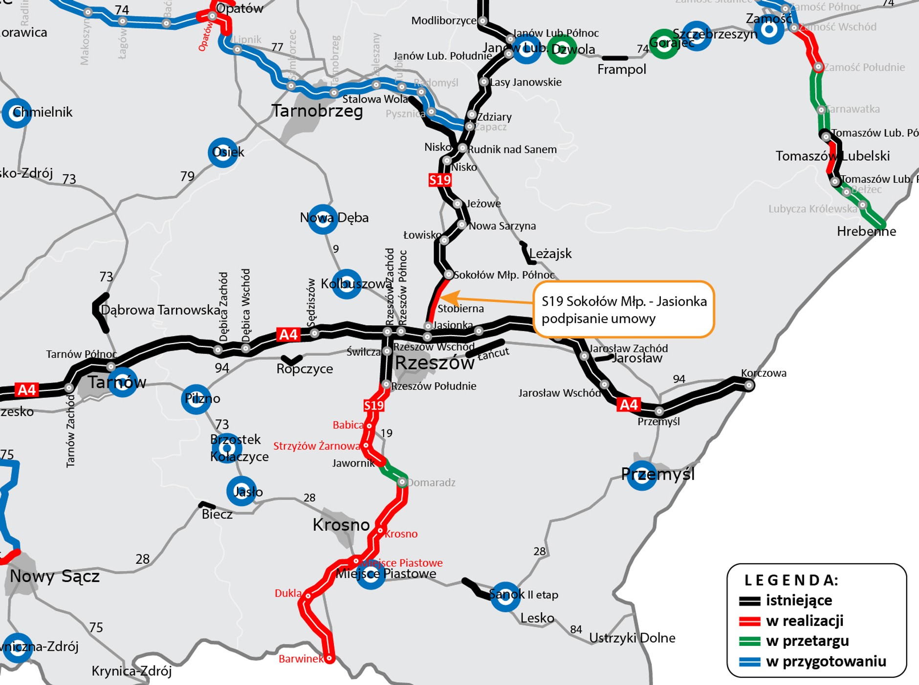 Mapa — droga ekspresowa S19 Sokołów Małopolski — Jasionka