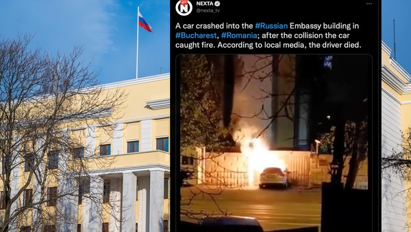 Samochód wjechał w bramę ambasady Rosji. Prowadzący go kierowca zginął [Wideo]