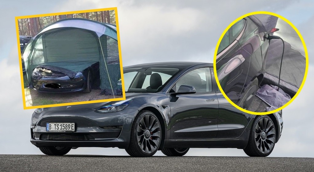 Ładowanie Tesli na kempingu w Łebie. Auto wystawało z namiotu