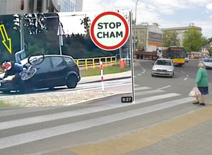 W tej sytuacji to rowerzysta potrącił auto, a nie na odwrót. Jest nagranie