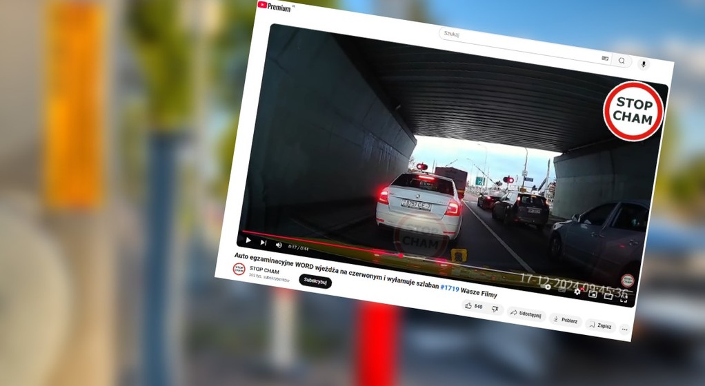 Auto egzaminacyjne WORD wjeżdża na czerwonym