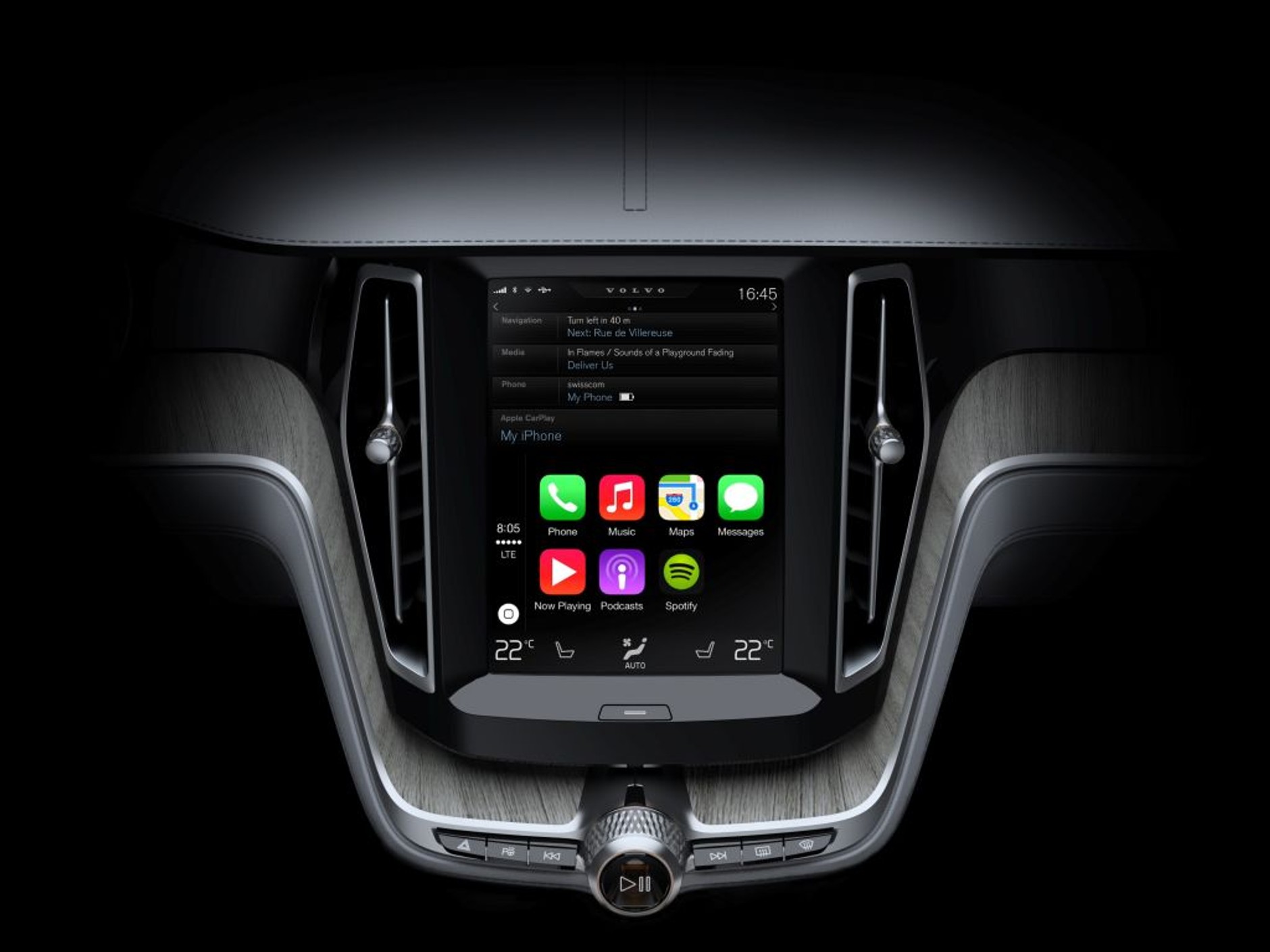 Menu z charkterystycznymi ikonami CarPlay w nowym Volvo XC90.